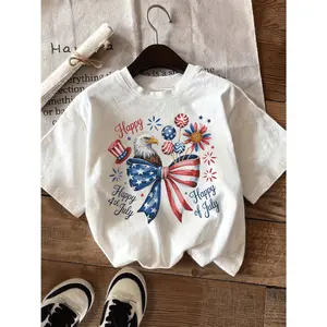 Girls T Shirt 4th Of July Eagle With American Flag Bow And Fireworks Happy 4th Of July Printing T Shirt 250th Anniversary Of Usa Funny Printing T Shirt Best Gift For Kids Girls Boys Breathable 100 Percent Graphic Tee Comfortable