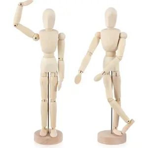 2 count 12'' Artists Wooden Manikin Wooden Mannequin Figure Posable Drawing Figure Flexible Articulated Human Mode  with Base for  Office Desk Sketching Painting