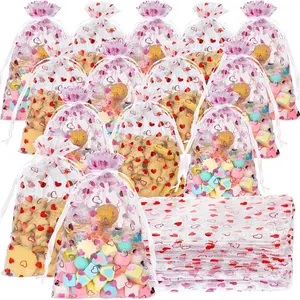 50 Pieces Valentine's Day Heart Organza Gift Bags with Drawstring 6 x 9 Inches Jewelry Sheer Heart Mini Mesh Bags Candy Packaging for Wedding Birthday Favor