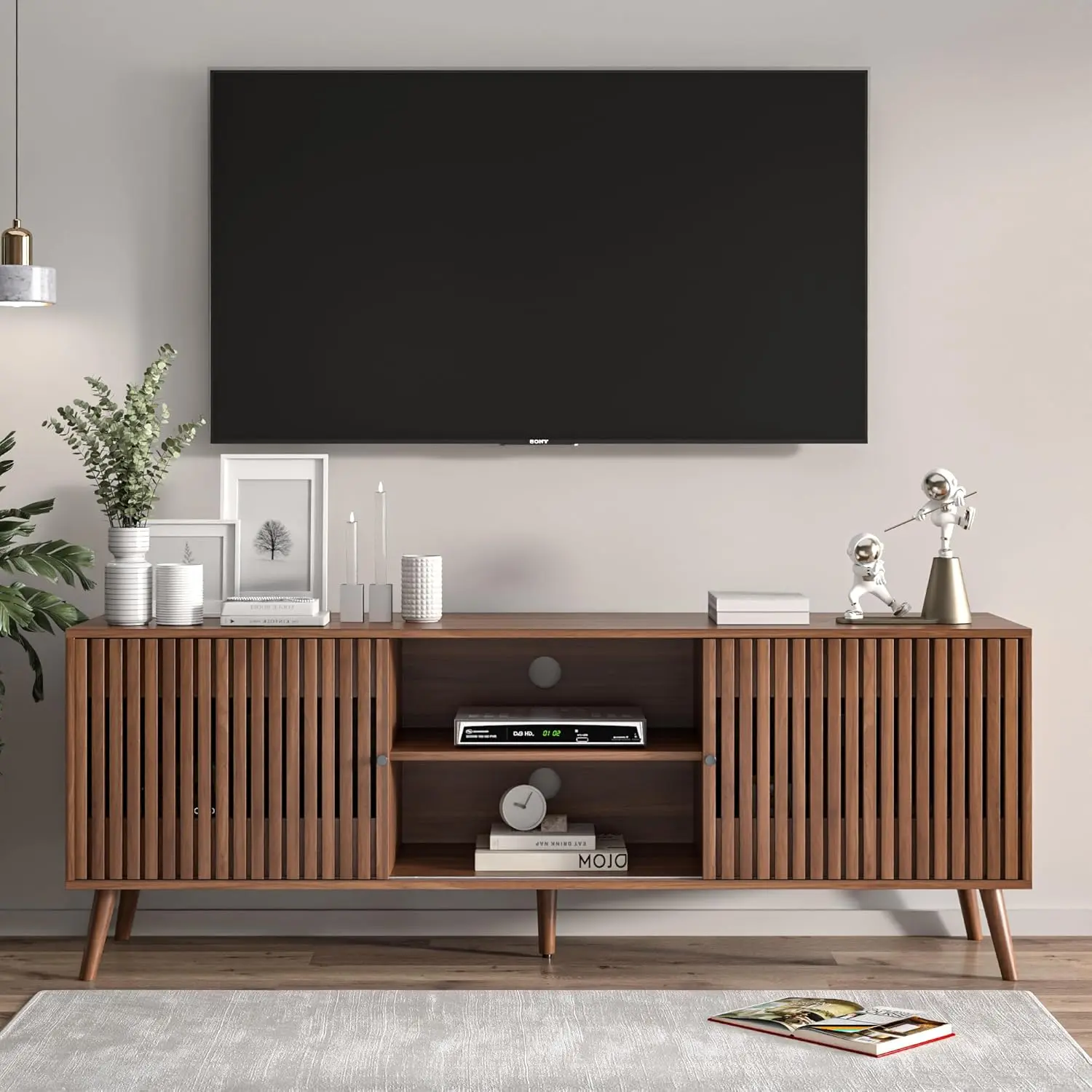Mid Century Modern TV Mount Stand - Natural Finish, Sliding Doors, Open Shelf, Cable Management, 70-in Capacity, Stable, 15.75''d x 63''w x 22.7''h, Above 25 kg, Easy Assembly, Living Room Storage Entertainment Center Decor
