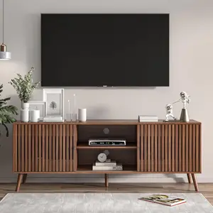 Mid Century Modern TV Stand for TVs up to 70 in with Sliding Doors and Open Shelf Entertainment Center with Storage Media Console for Living Room Natural Easy Assembly Cable Management