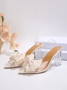 Women's Clear Pointed Toe Heeled Mules with Bow, Transparent Block Heel Sandals for Wedding Party Prom