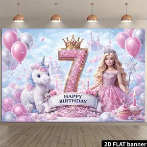2D Flat 1PC Polyester Princess Unicorn 7th Happy Birthday Backdrop Banner, Dream Castle Balloon Crown Fairy Tale Photography Background, Indoor Outdoor Use, Ideal For Girls 7 Years Old Birthday Party, Princess Theme Celebration, Dessert Table Decor