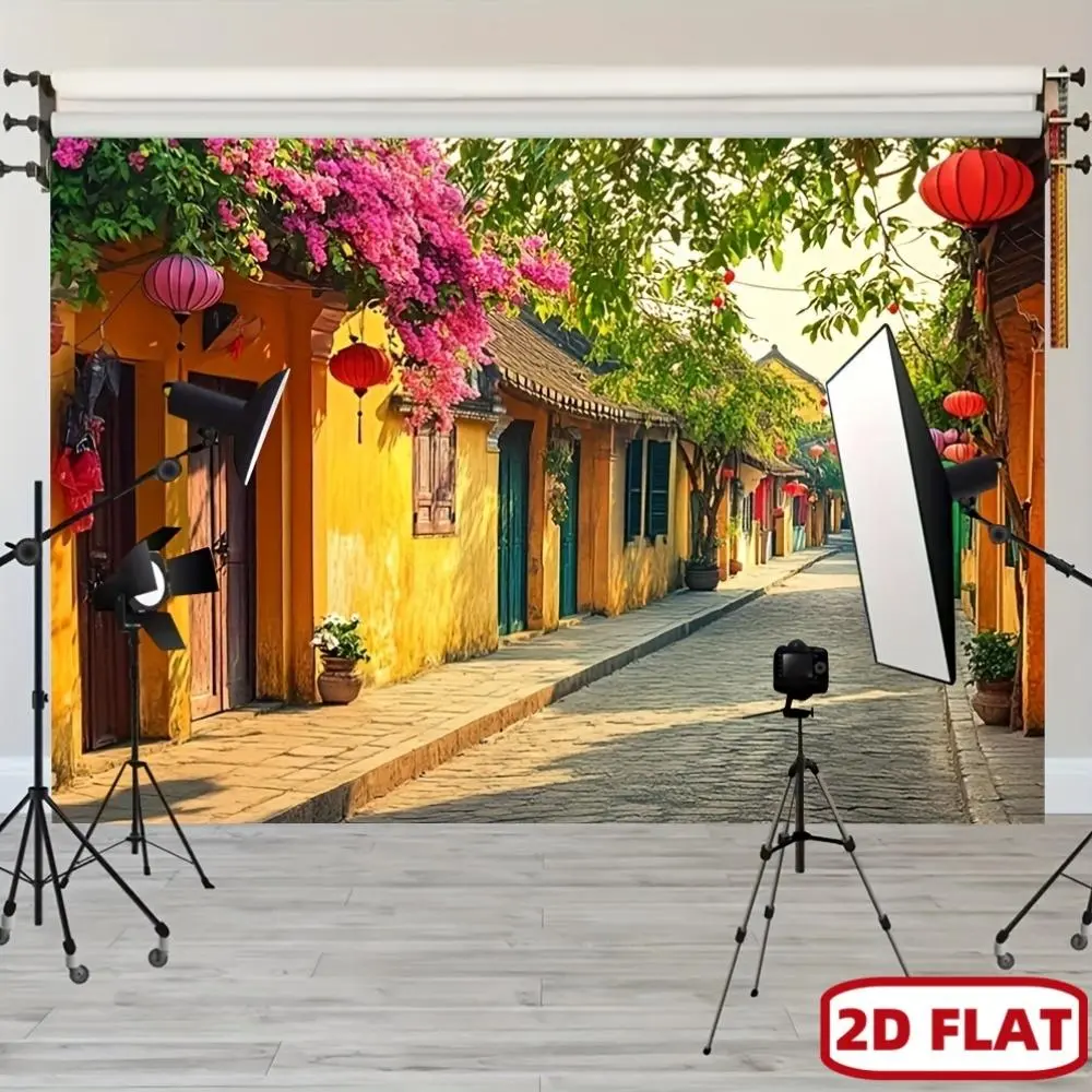 1PC Polyester Reusable 2D Flat Vintage Vietnamese Hoi An Street Backdrop Banner - Flower Design Ornaments, Photography Studio Decor, Birthday Photo Prop