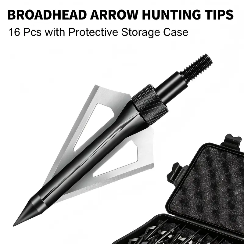 16-Piece Archery Screw-On Hunting Broadheads Kit - Durable Reinforced 3-Cut Blades Arrow Tips, Hard Carry Case Compatible with Arrows for Bow Hunting, 16 Pieces
