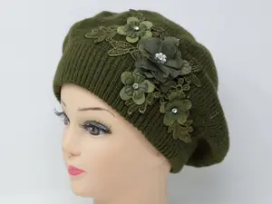 Cable Knit Winter Beret Hat, Women's Warm Winter Beret, Flower Embroidered French Acrylic Beret Hat