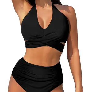 Women's bikini set, high-waisted tummy control two-piece, halter neck with crisscross tie swimsuit