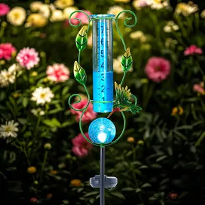Solar Rain Gauge Outdoor, Hummingbird Decorative Rain Gauges Outdoors  Rated with Blue Crackled Glass Ball, Freeze Proof Water Rain Measure Gauge for Yard Patio Lawn Decor