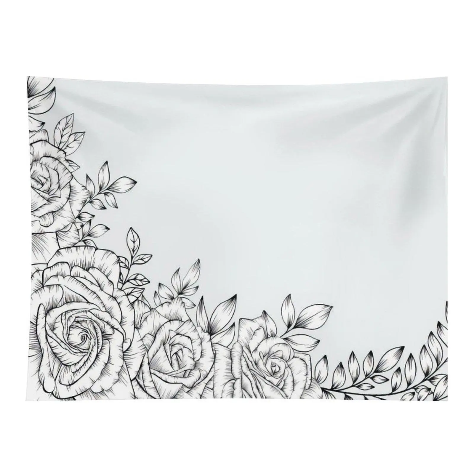 Minimal Black Line Art Rose Floral Corner Border Sketch Light Plain Background Elegant Simple Botanical Wall Tapestry For Vanity Study Room Decor