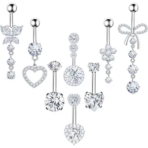 8 count     Button Ring Dangle Navel  Piercing  Cute CZ Butterfly Heart Flower Bow Navel  Rings for Women 14G  Surgical Stainless Steel Dainty Dangling Dangly  Button Piercing Pack