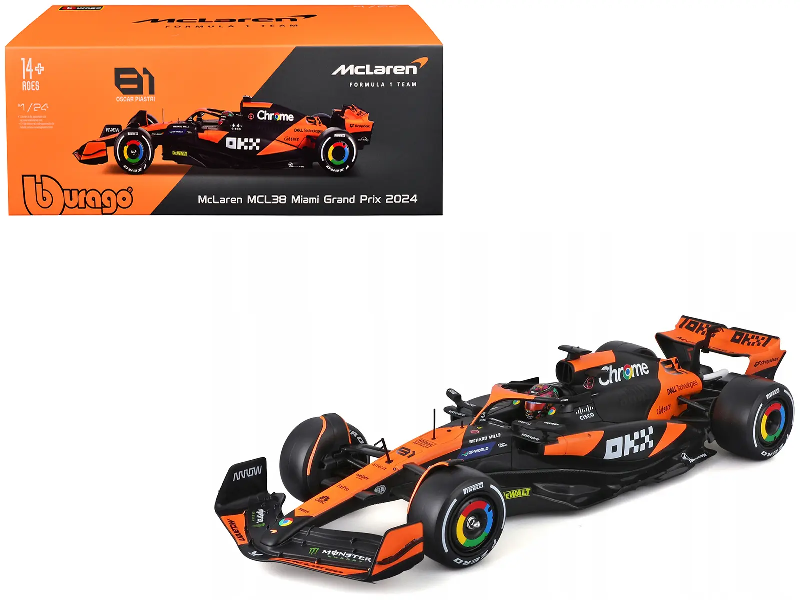 McLaren MCL38 #81 Oscar Piastri "OKX" Formula One F1 "Miami GP" (2024) w/Case 1/24 Diecast Model Car by Bburago
