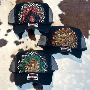 Otto Western Feather Crown Trucker Hat Black - 1970s Inspired Semi-Structured Foam Hat with Unique Feather Design Snap Closure & Curved Visor