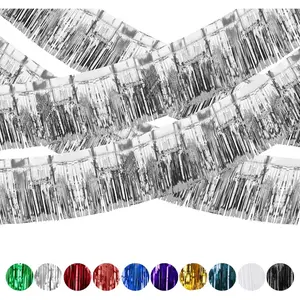 4 Pack Iridescent Fringe Curtains Metallic Foil Fringe Garland Wall Hanging Drapes Tassel Foil Float for Parade Trailer Birthday Holiday Outdoor Indoor Party Decoration Silver
