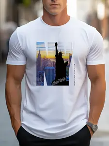 Men's Simple Cityscape Print T-Shirt, Casual Loose-Fitting Short Top, Geometric Pattern, All Seasons, No Zipper or Button