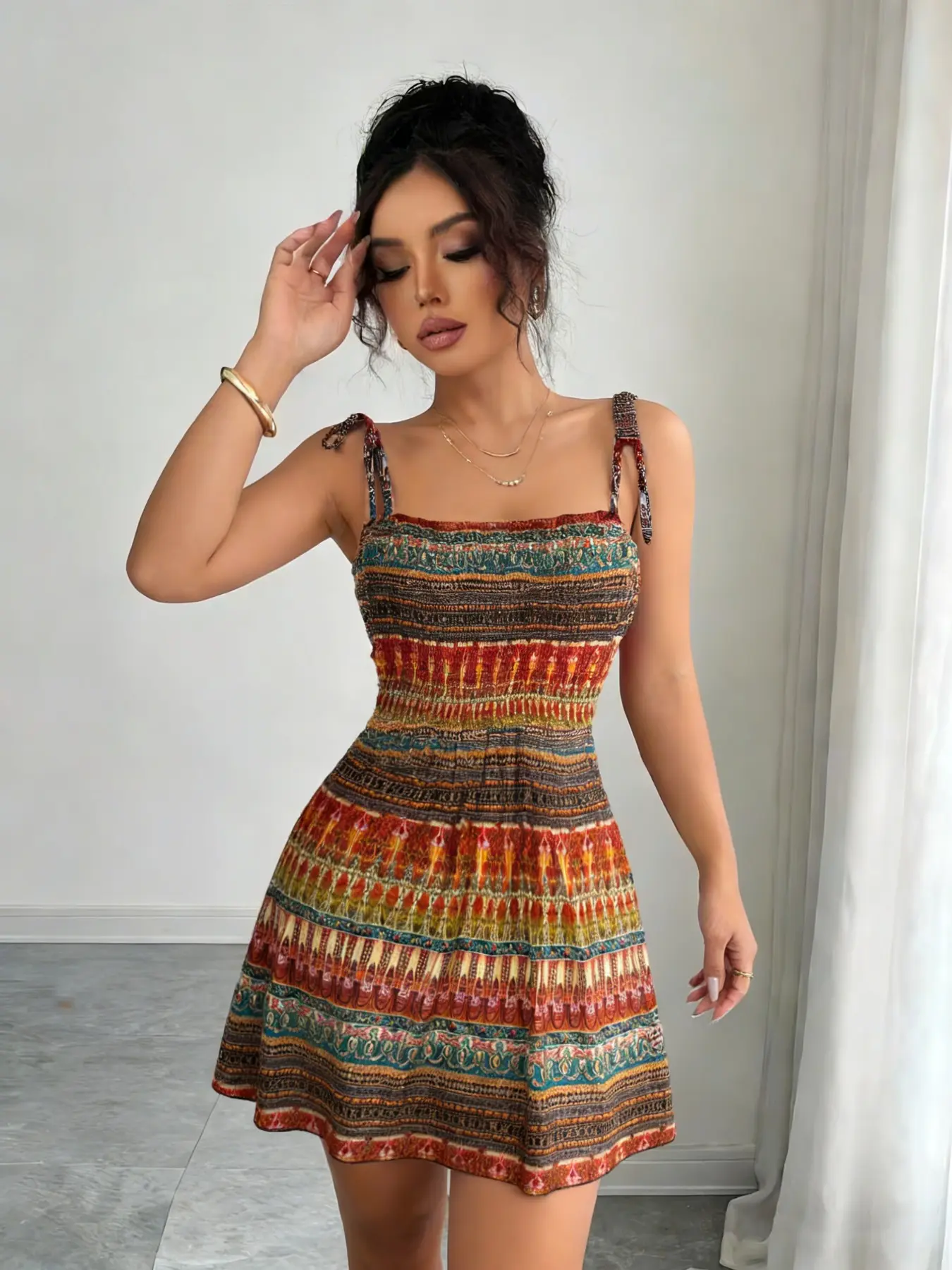 Women's All Over Print Striped Dress, Boho Bohemian Fashion Casual Breathable Sleeveless A Line Short Dress for Daily Holiday Vacation Wear, Ladies Elegant Dress for Summer, Womenswear