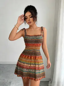 Women's All Over Print Striped Dress, Boho Fashion Casual Sleeveless A Line Short Dress for Daily Holiday Vacation Wear, Ladies Dress for Summer