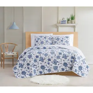 Cottage Classics 2pc Twin Extra Long Flower Quilt Set Blue - Reversible Coverlet with Sham, Botanical Pattern, Farmhouse Floral Bedding Set