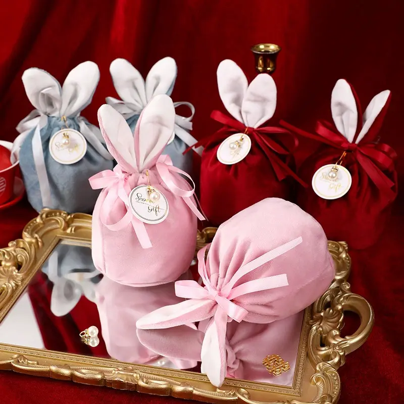 1PC Easter Rabbit Ear Gift Packaging Bag Bunny Ear Velvet Drawstring Pouch Candy Bag Wedding Favors