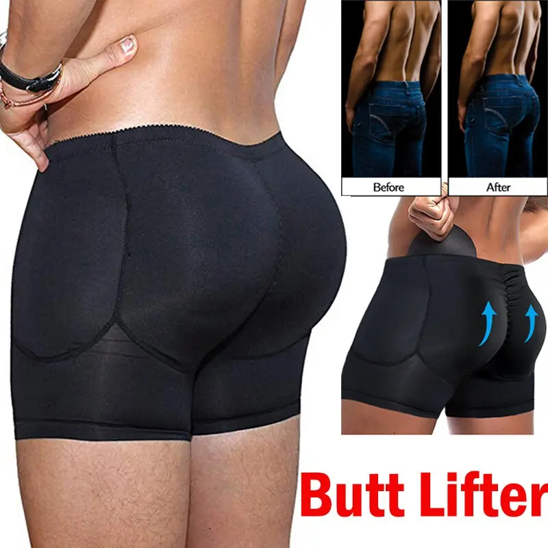 Men's Plain Padded Butt Lifter Shapewear Underwear, 2-Pack Stretch Boxer Briefs with 4 Removable Pads for Natural Hip Enhancement, Smooth Invisible Menswear Body Shaper