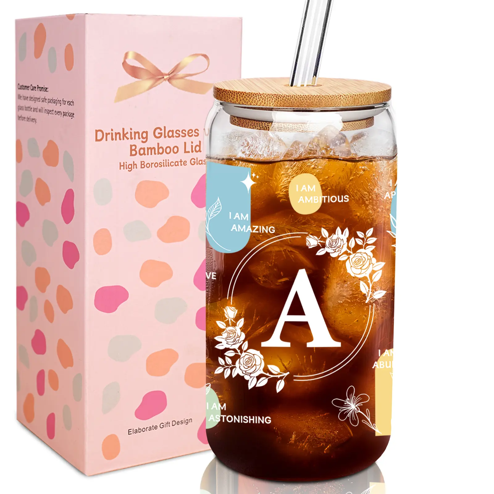 Mason Life Iced Coffee Glass Cup, 18oz Glass Cups with Lids and Straws Gifts for Women,Valentines Day Gifts for Her,Glass Water Bottle,Drinkware Tumblers Unique