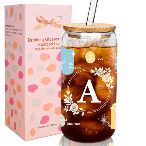Mason Life 18oz Classic Bamboo-Letter Glass Mug with Lid and Straw, Iced Coffee Tumbler, Kitchenware Drinkware, Unique Valentine's Day Gift for Women, Straw-Equipped Glass Mug, With Straw Mugs