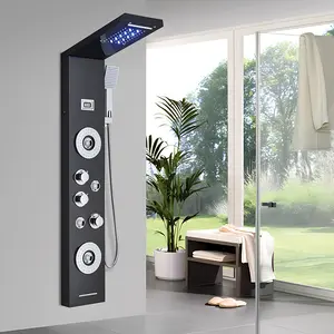 LED Matte Black Shower Panel Tower System Rain&Waterfall Massage Jet Tub Tap