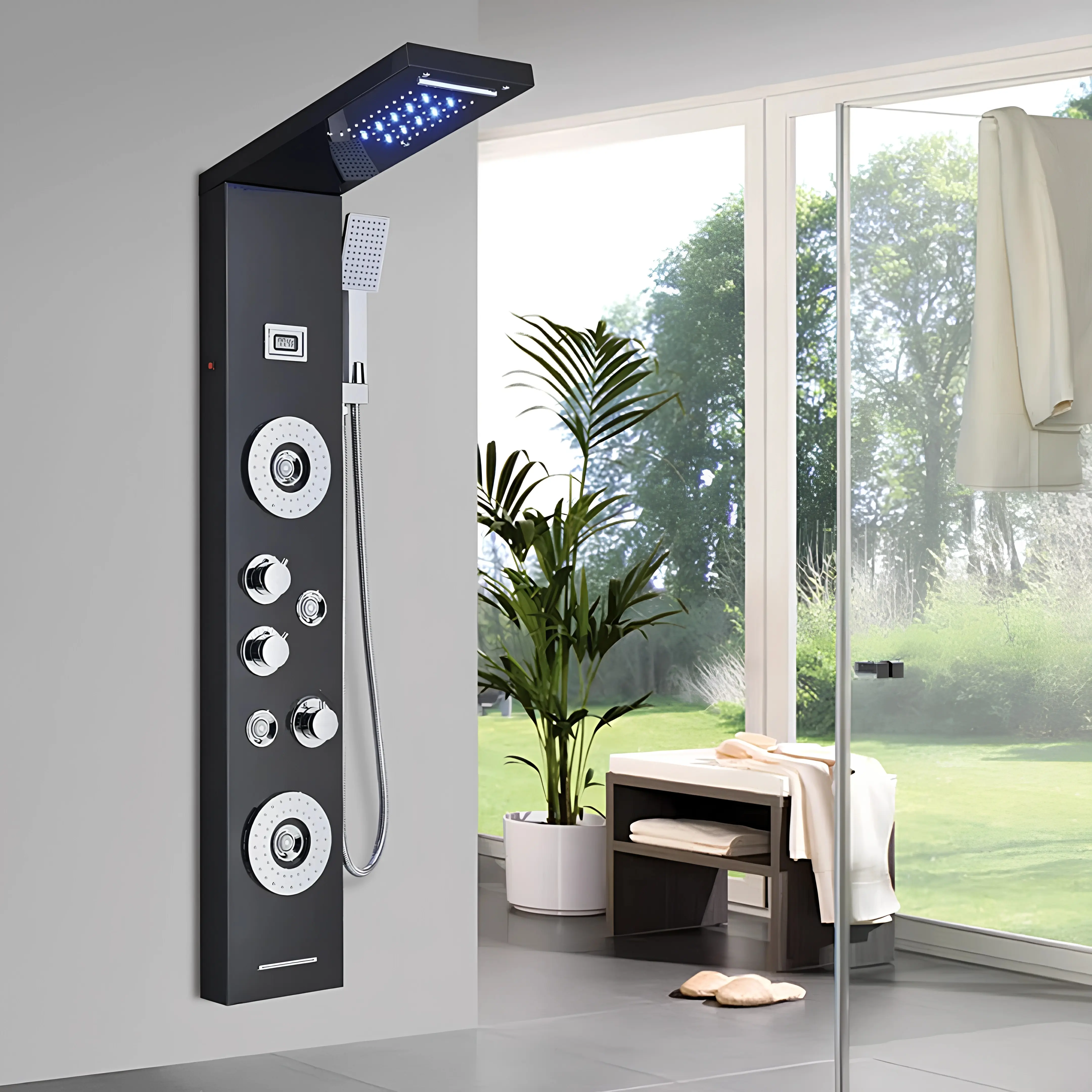 Matte Black Adjustable Shower Tower with LED Rainfall Showerhead, High-Pressure Waterfall Massage Jets, Tub Tap Fixture for Bathroom Home Improvement