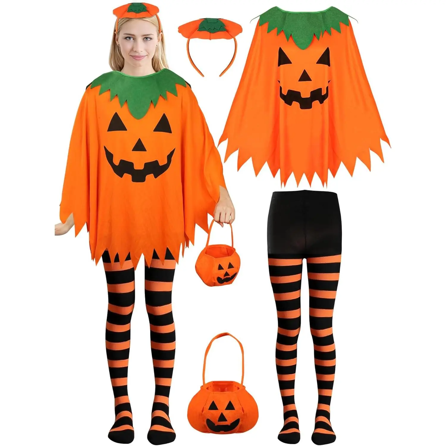4 PCS Halloween Costume for Women Pumpkin Costume Set with Pumpkins Poncho Hair Hoop Pumpkin Cape with Candy Bag Headband Striped Tights for Women Adult Halloween Cosplay Party