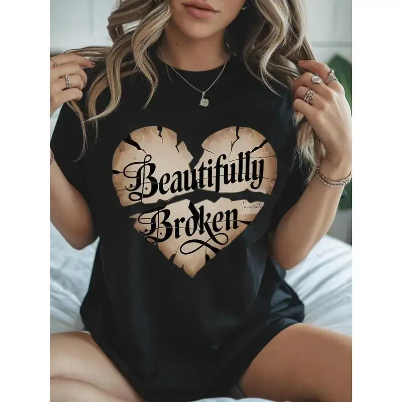 Women's Casual Crewneck T-Shirt with "Beautiful Broken" Heart Print, Regular Length, Perfect for Daily Wear, Spring/Summer Fashion, and Back to School Outfits, Ideal for All Seasons, Addicted Top for 2025 Summer Clothes Women