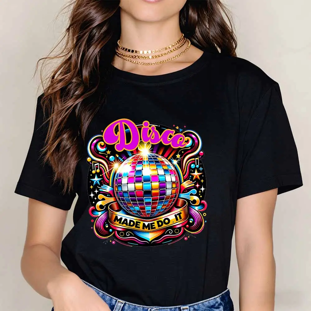 Disco Ball Made Me Do It Print T Shirt Black Casual Short Sleeve Top For Leisure And Sports Activities