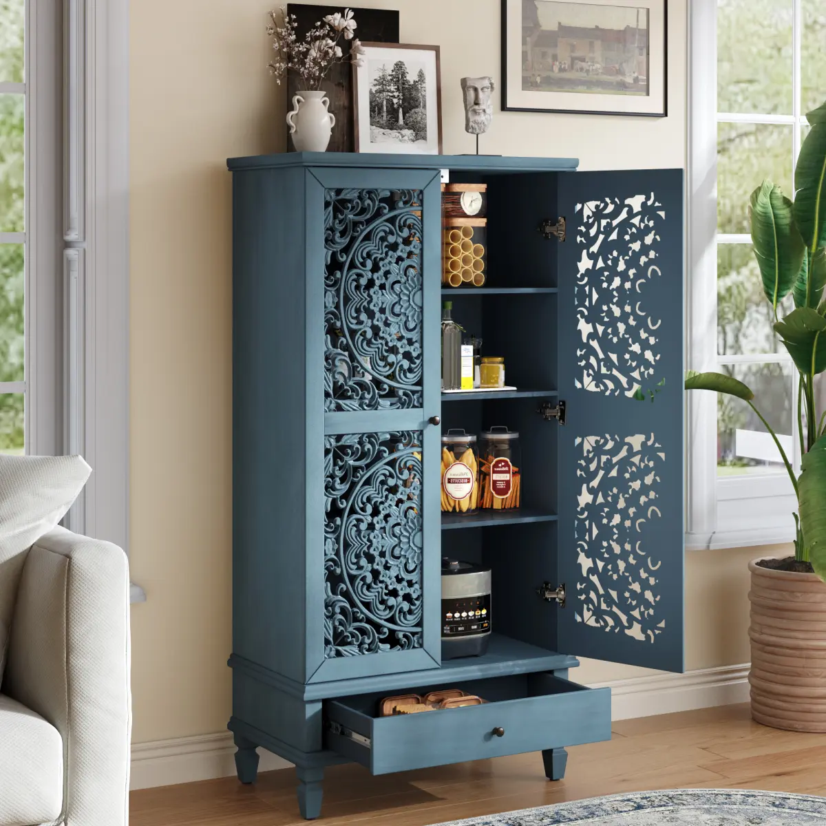 55'' Tall Rustic Storage Cabinet - Antique Blue Carved Wood 2-Door Unit with Drawer, Durable Build, Vintage Design, Bronze & Classic Cabinets for Living Room, Hallway, Bronze Cabinets