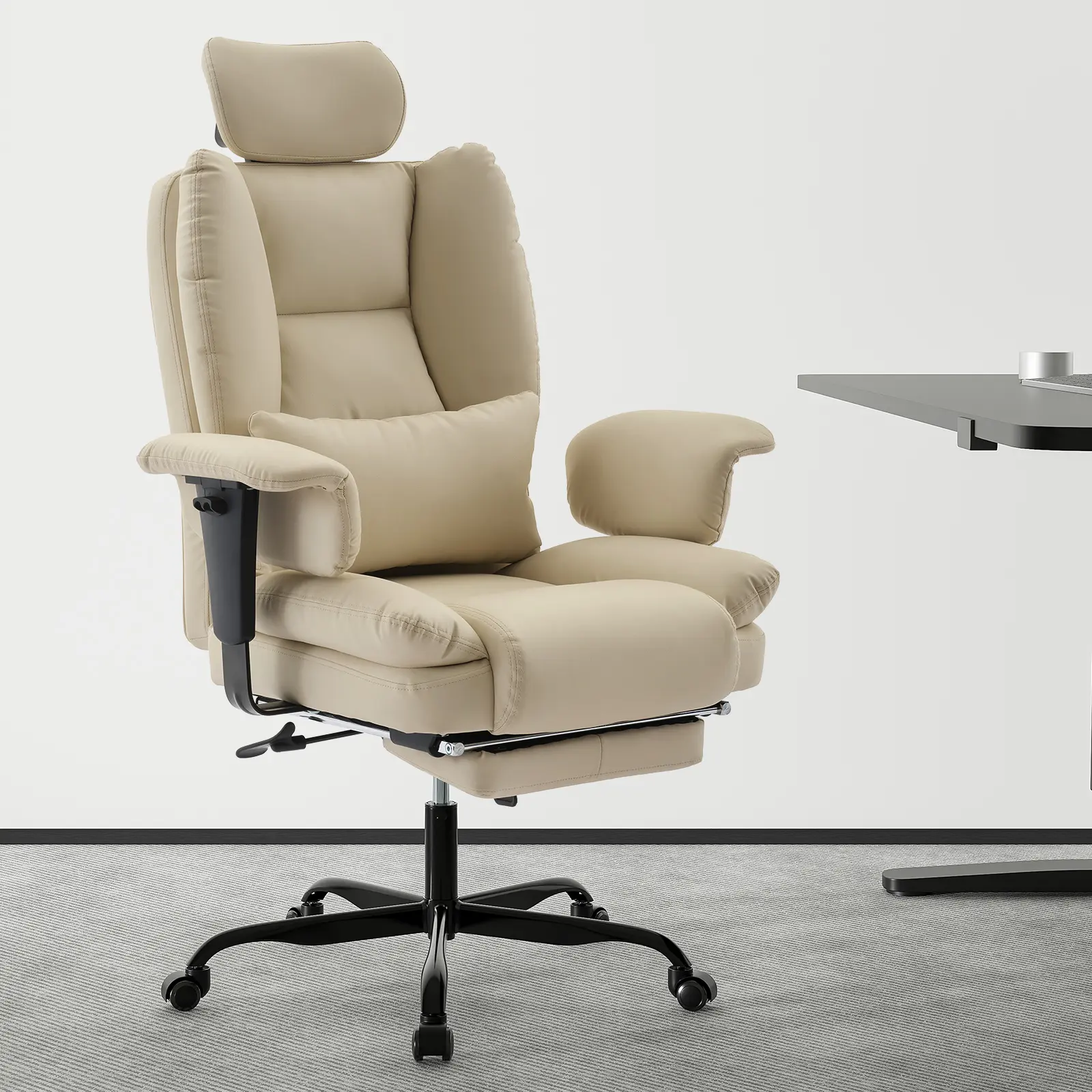 Ergonomic Office Chair with Foot Rest, Comfy Leather Desk Chair for 300lbs Wide Seat with Lumbar Support Headrest, Adjustable Reclining High Back Managerial Chair (Beige)