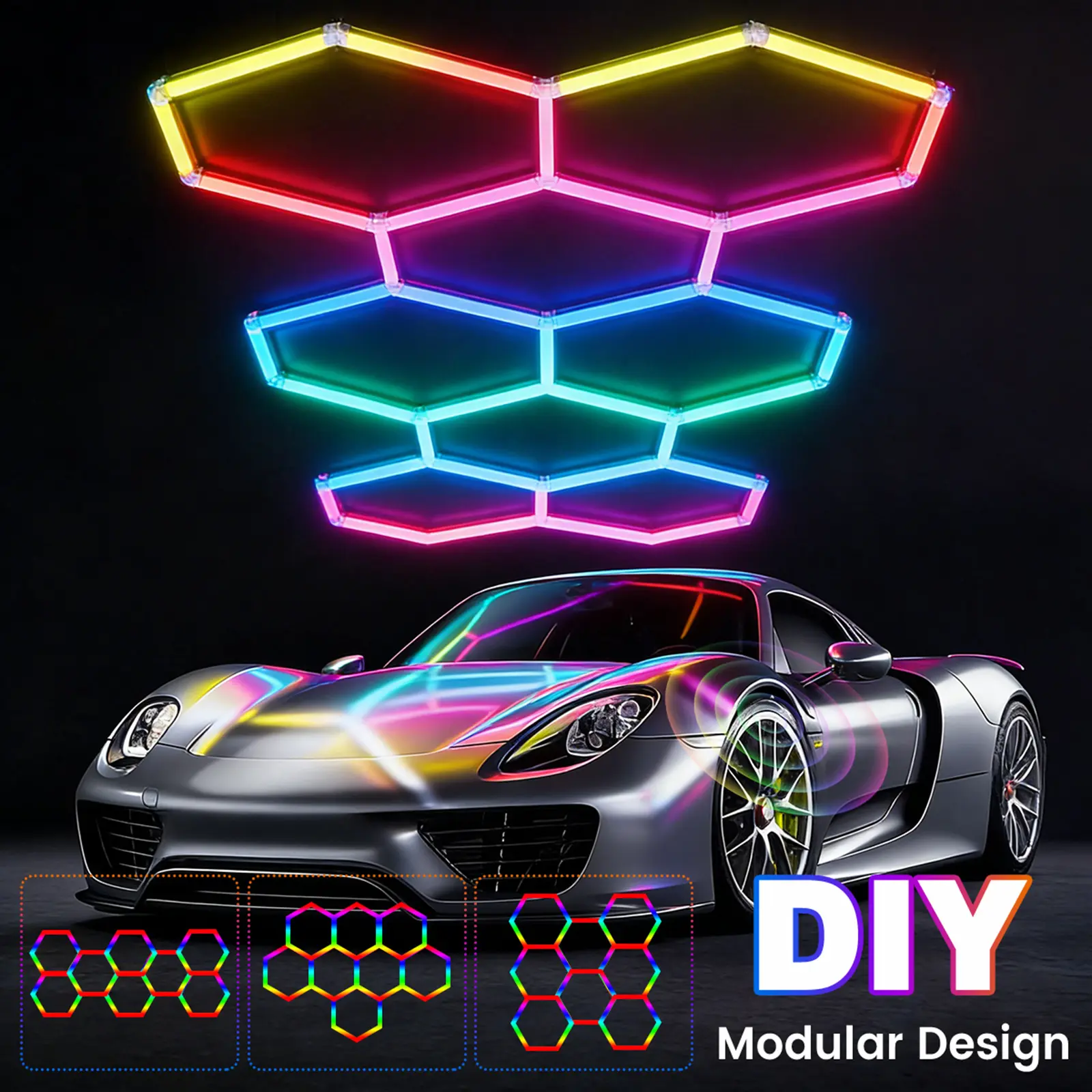 8-Grid RGB Hexagon LED Light, High Quality Water Resistant with Remote, Music Sync Mode, 358+ Colors, Adjustable Brightness - Home & Commercial Lighting for Bedrooms, Game Rooms, Garages, Hotels, Media Spaces, Gaming