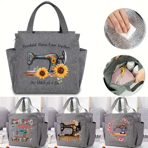 Stylish Floral Sewing Machine Tote Bag - Vintage-Inspired Design with Sunflowers & Patchwork Details - Large, Insulated, Waterproof Carrier for Women - Perfect for Office, School, Picnic, Travel, and Gifts