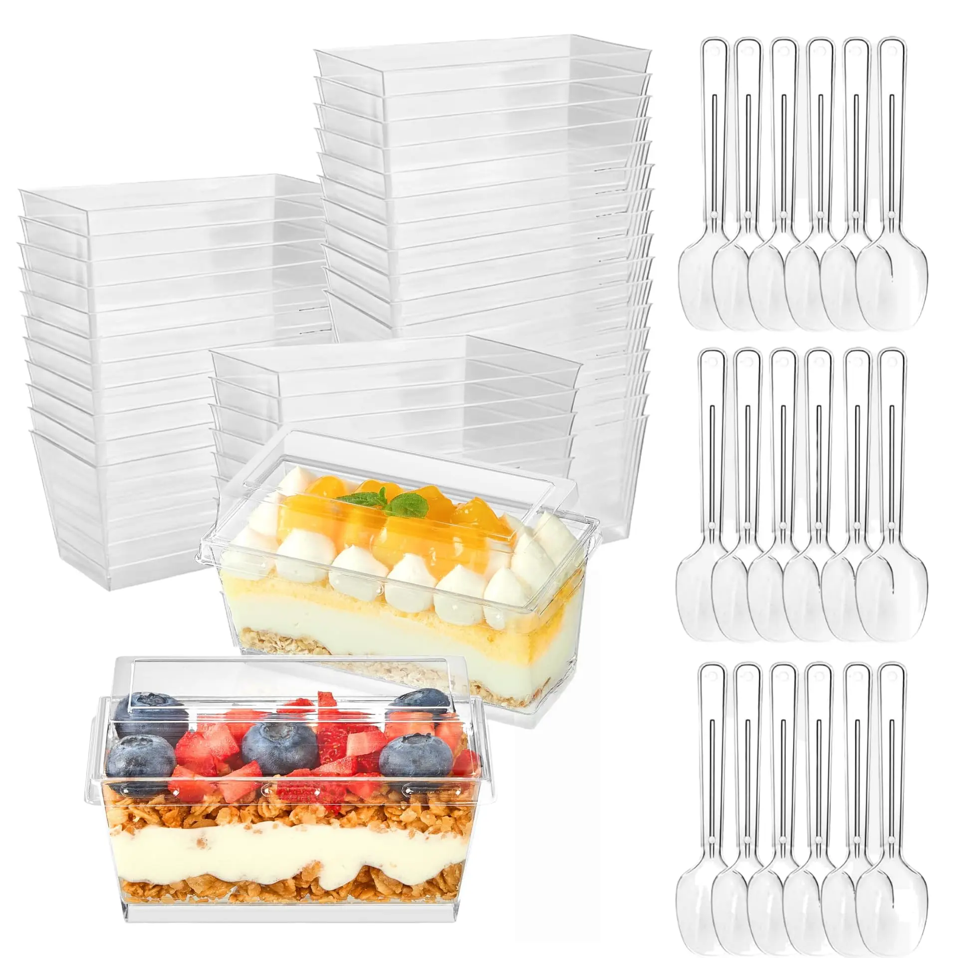 50 Pack 160ml Clear Dessert Cups with Lids & Spoons Rectangle Mini Parfait Cups, Mousse, Cheesecake, Pudding, Jelly & Yogurt Containers for Party, Wedding, Bakery & Catering