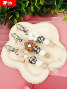 3pcs-Floral Beaded Keychain Set, Leopard Print Square Beads, Round Petal Design, Cute Gift for Friends, Perfect for Bags, All Seasons, Keychain Kawaii