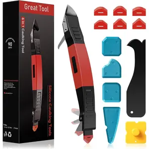 6 in 1  Caulking Tool Kit with Caulk Grout Remover Tool Sealant Finishing & Smoothing Tool, Grout Scraper, 6  Pads and Adhesive  Scraper for Kitchen Bathroom Tile Sink (Red)