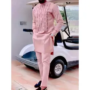 Retro Men's Clothing Men'S Fashion Casual Pink Long Sleeve Two-Piece Set, Mid-Length Top with Pants, Geometric Pattern, Round Neck, Non-Stretch, Loose Fit, Woven Polyester, Button Detail, Novelty Clothing