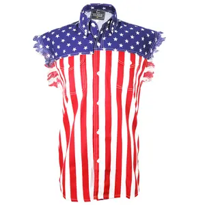 USA Flag Sleeveless Denim Shirt - 100% Cotton, Bold Patriotic Design, Soft Breathable Fabric, Versatile Casual Wear, Striped Pattern