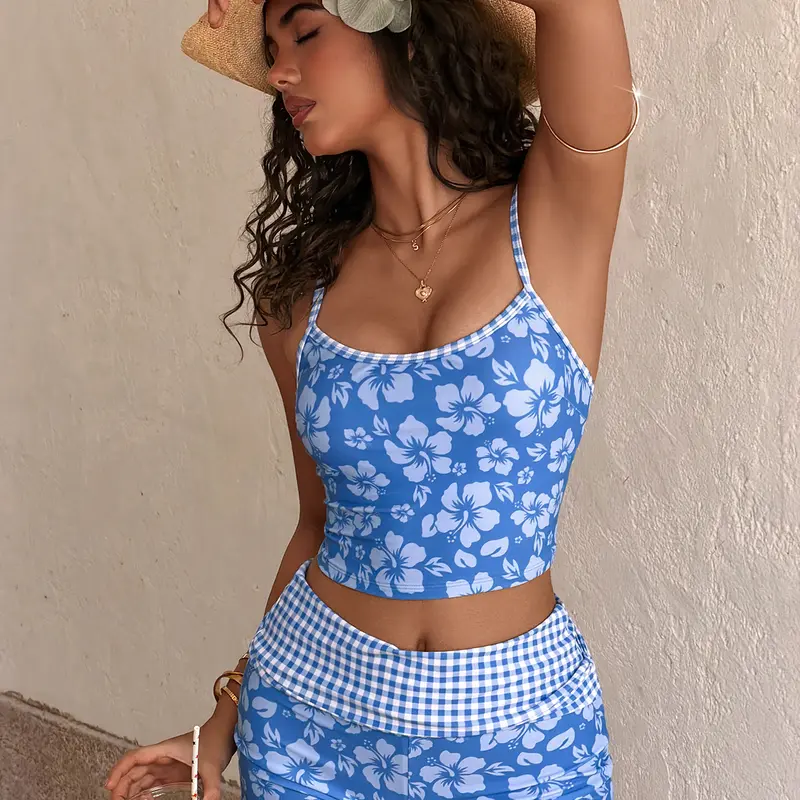 PEPPERMOLLY Women's 2-Piece High Waisted Tropical Print Tankini Swimsuit Set - Cami Top, Comfortable Cut Shorts for Women, Tankini Top Bottoms, Summer Sports Outdoor Swimwear