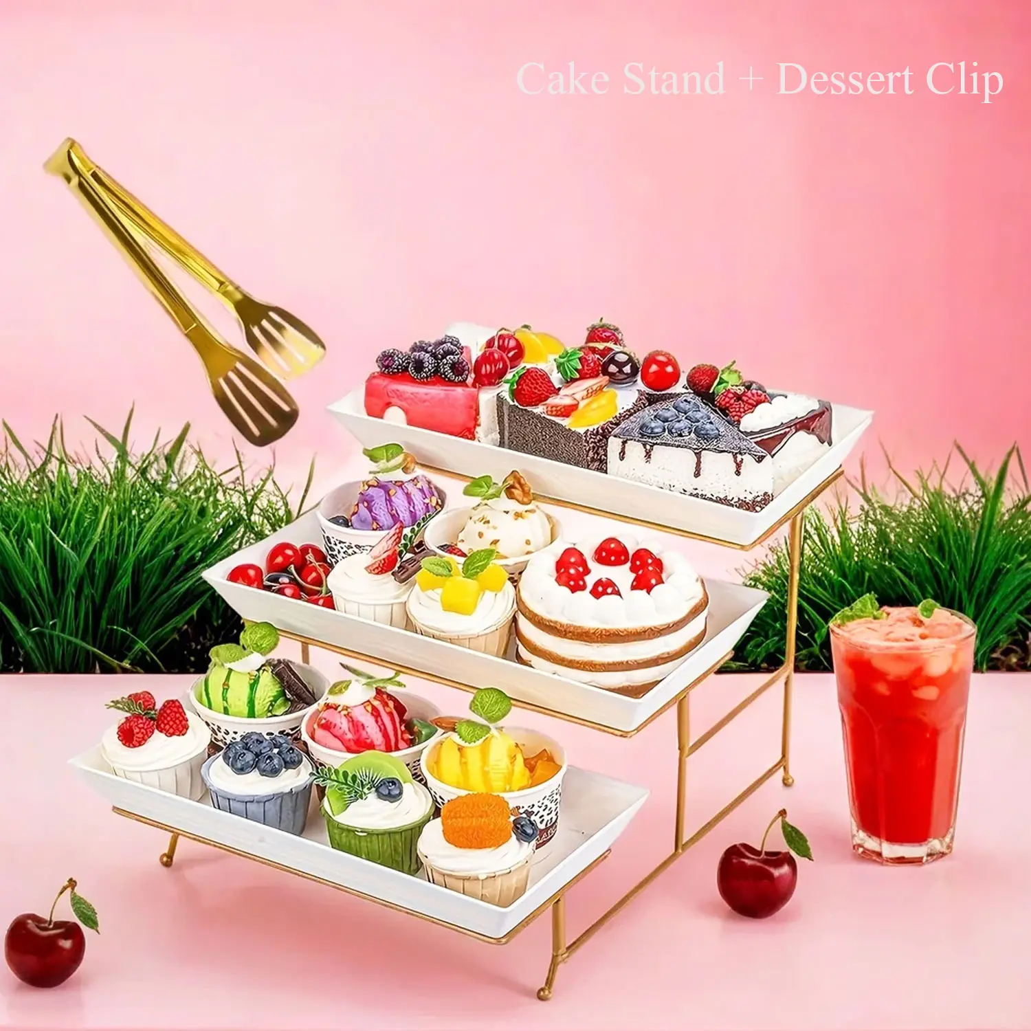 Gold Specialty Kitchen Utensils 2-Piece 3-Layered White Cake Display Stands Set with Dessert Clip, Durable, Simple Structure, Easy to Clean for Cake Decorating, Birthdays