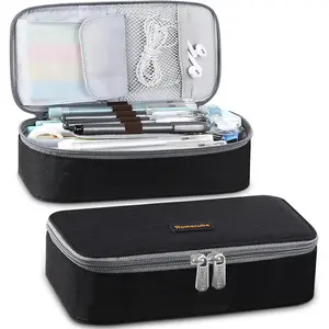 Capacious Pencil Case Marker Holder Pouch Desk Organizer Big Pencil Bag with Zipper Large Storage Box for College Middle School Office Supplies Stationery - Black