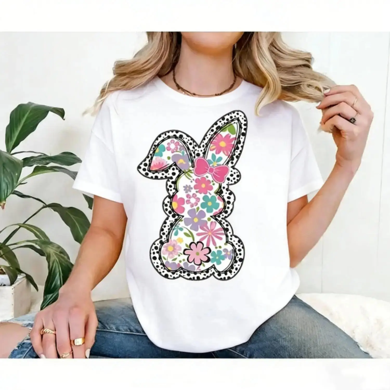 Women's Casual Floral Bunny Graphic T-Shirt, Soft Cotton Blend Short-Sleeve Top with Relaxed Fit, Cute Valentine's Day Gift, Tshirt, Shortsleeve, Women's Clothes, Streetwear, Chinese New Year, Valentines Day, Breathable Fabric, Herringbone, Childrens Day