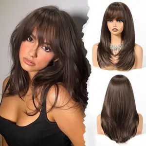 HMD Female Synthetic Full Machine Wig, Long Straight Layered Synthetic Material Wig with Bangs, Heat-Resistant Fiber, Natural-Looking for Daily Use, Synthetic Material Wigs