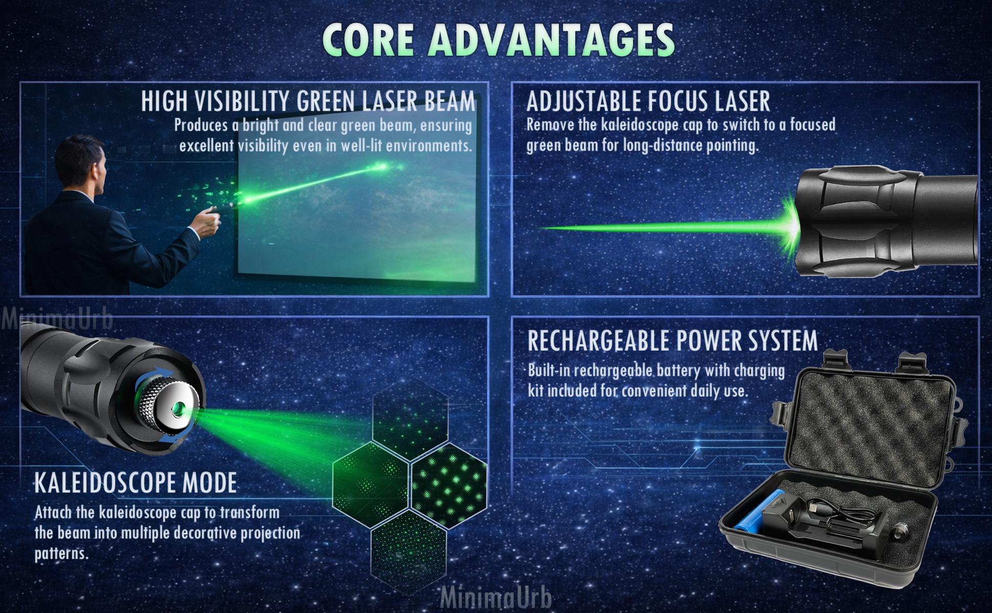 Green Laser Pointer with Kaleidoscope Cap, Adjustable Focus Laser Pointer for Outdoor Use, Rechargeable Aluminum Alloy Handheld Set