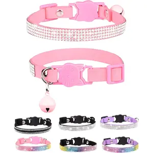 Soft Velvet Breakaway Cat Collars for Girl Cats with Rhinestone and Bell Adjustable Safe Kitten Collar Pink