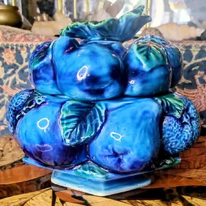 Vintage Inarco "Mood Indigo" Blue Glazed Ceramic Fruit Canister, Artistic Decorative Sculpture, Mint Condition Home Decor Ornament, Decorative Sculptures