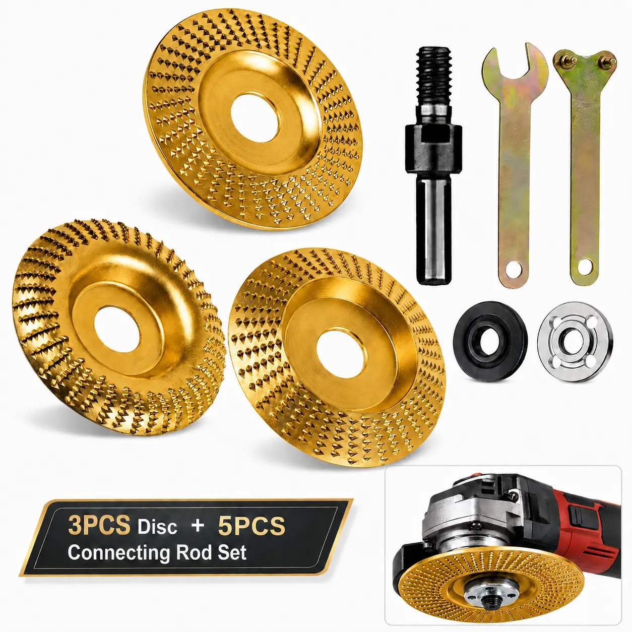 3PCS 4 Inch Wood Carving Disc + 5PCS Electric Drill Connecting Rod Set, Grinding & Shaping Wheel for Angle Grinder, Wood Cutting Carving Disc, Grinder Attachment Kit