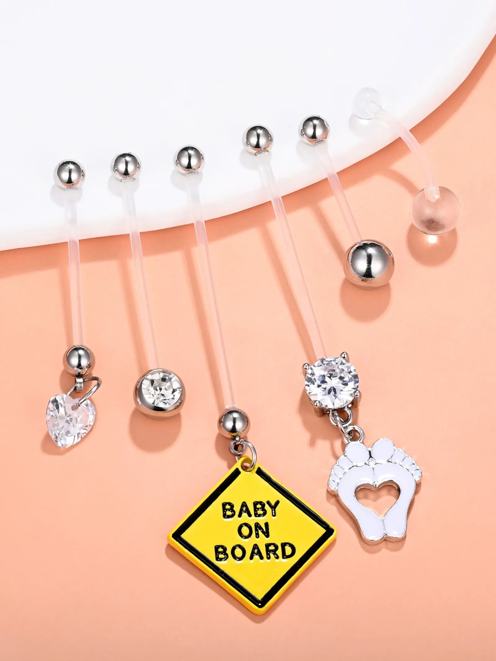 6 Pcs Plastic Belly Rings for Pregnant Women, Flexible Long Bar Dangle CZ Navel Piercing Retainer, Casual All-Season Wear Sport, Thanksgiving Gift