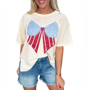 Loose Knit Vintage Flag Bow Patched T Shirt